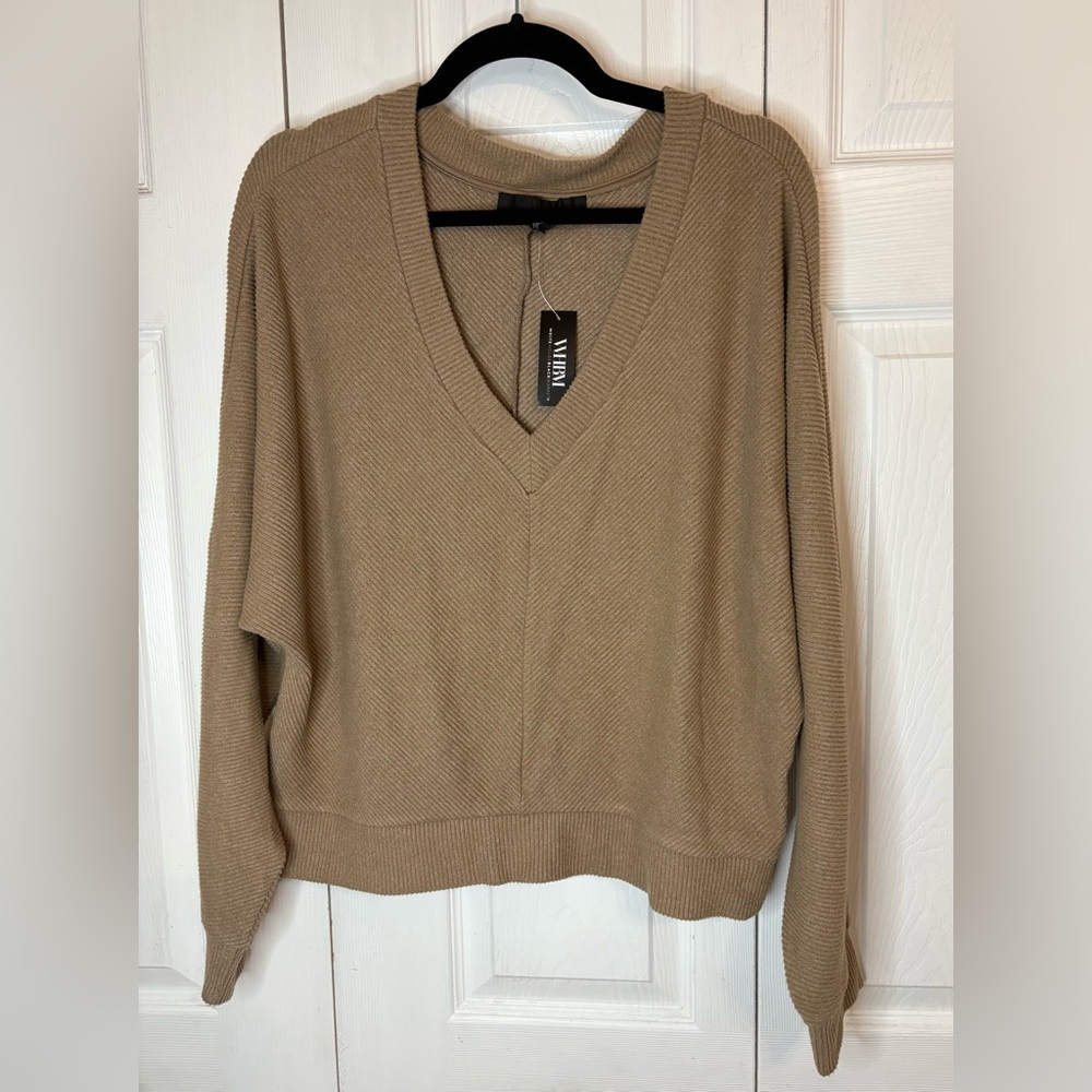 White House Black Market Cozy Knit Pullover V Neck XL NWT Top Sweater Tan